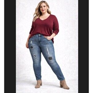 Torrid Premium Skinny Jeans 22 Blue Mid Rise Distressed Patch Cotton Stretch EUC